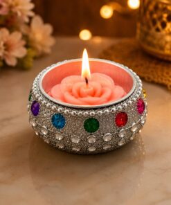 Flower Shape Meenakari Work Decorative Tealight Candle Holder (Silver, Set of 4)