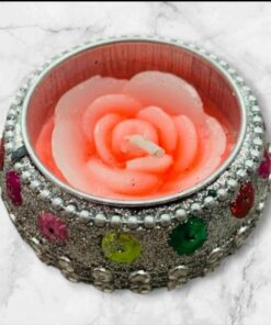 Flower Shape Meenakari Work Decorative Tealight Candle Holder (Silver, Set of 4)
